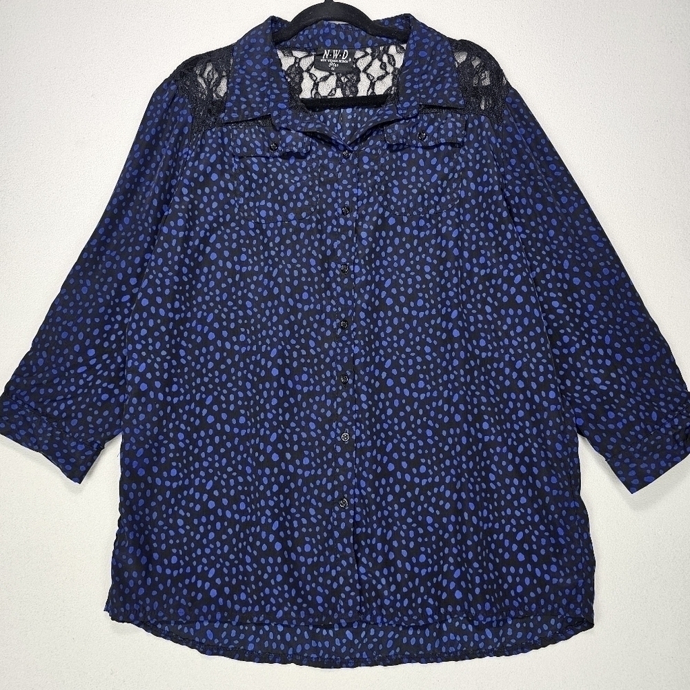 New Woman Design Black snd Blue Polka Dot Lace Detail Blouse Size 2X